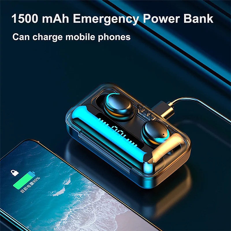 Bezprzewodowe słuchawki Bluetooth F9, wodoodporne, z wyświetlaczem LED, z etui ładującym, do iPhone/Android