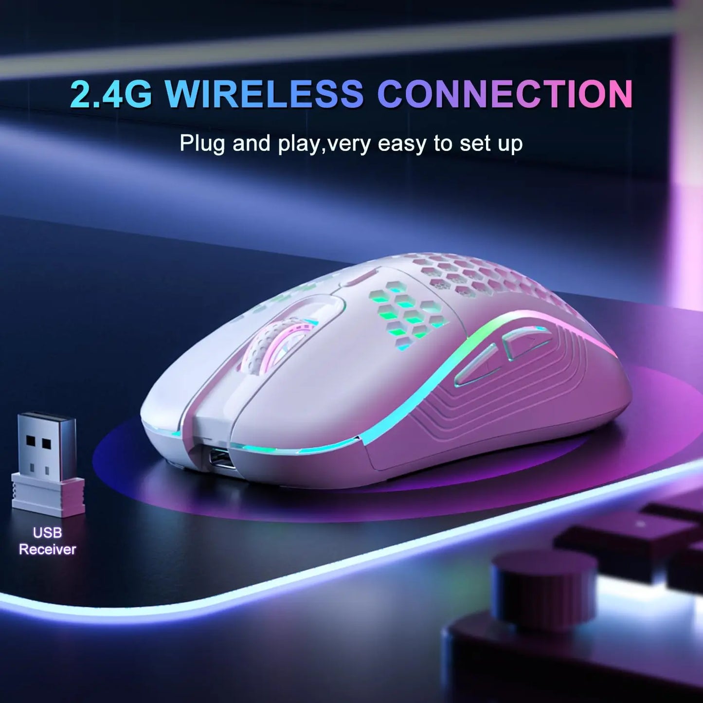Bezprzewodowa mysz gamingowa 2.4G RGB, ergonomiczna, z regulacją DPI
